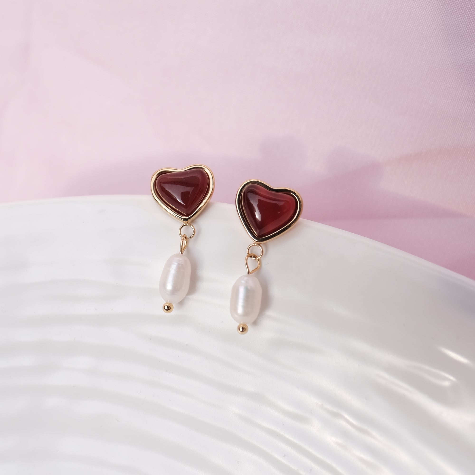 Red Agate Crystal Heart Pearl Earrings