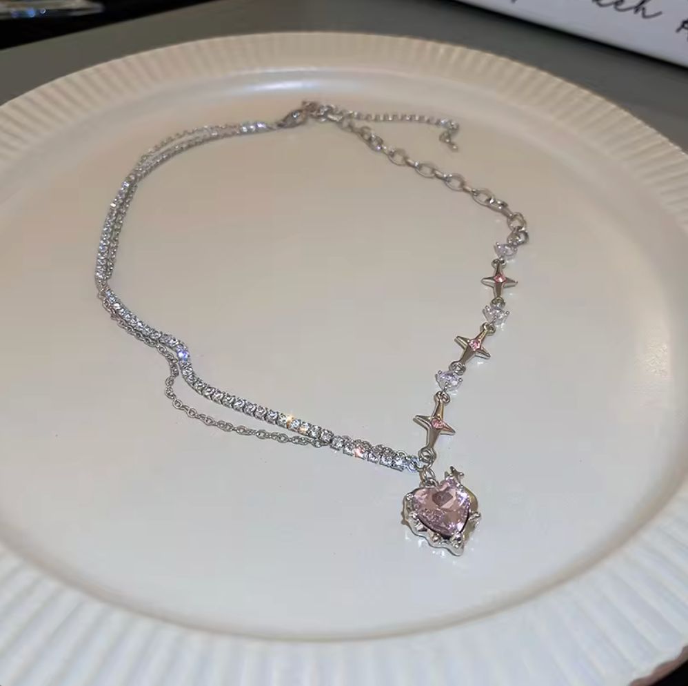 Y2K Pink Chrome Heart Rosetta Necklace