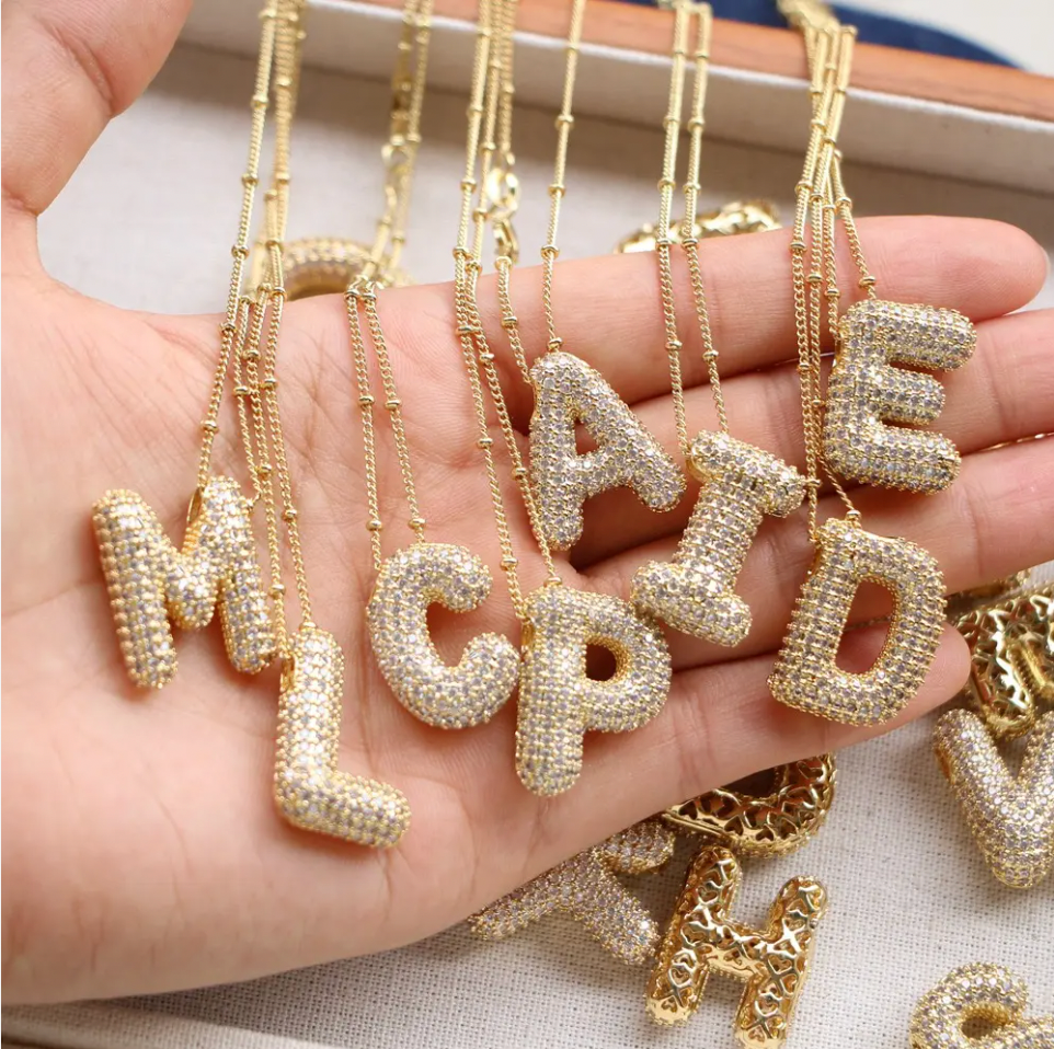 18k Gold Bubble Letter Diamond Necklace