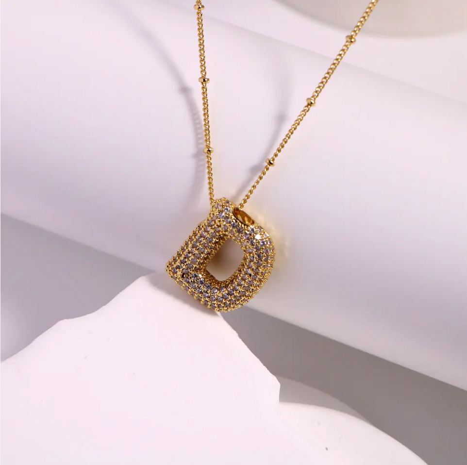 18k Gold Bubble Letter Diamond Necklace