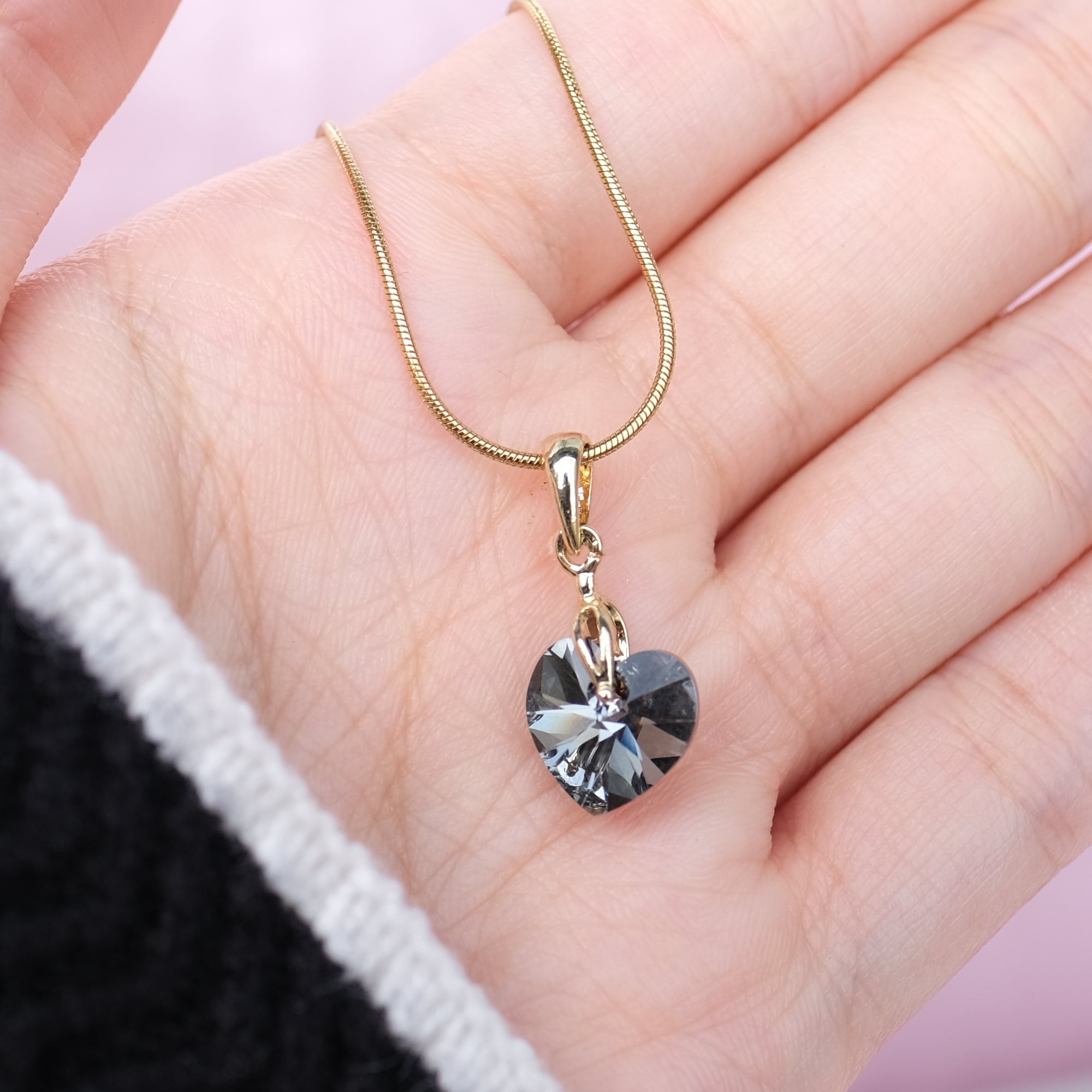 SMALL Midnight Black Heart Crystal Heart Necklace - gold and silver available