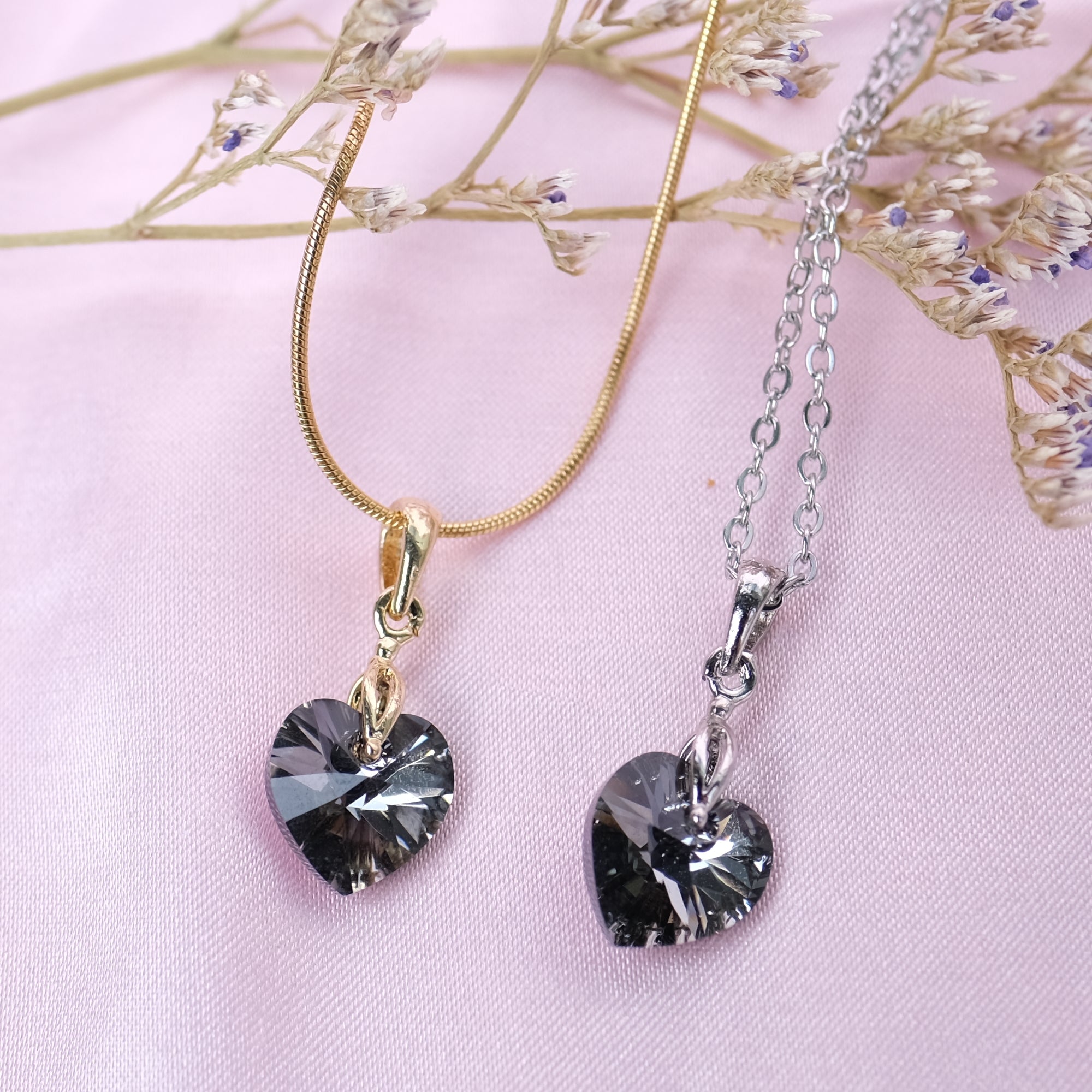 SMALL Midnight Black Heart Crystal Heart Necklace - gold and silver available