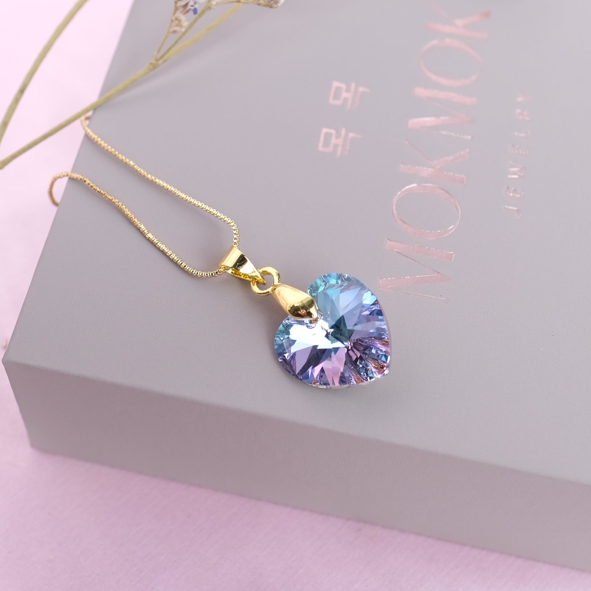 MEDIUM Cotton Candy Prism Crystal Heart Necklace - gold and silver available