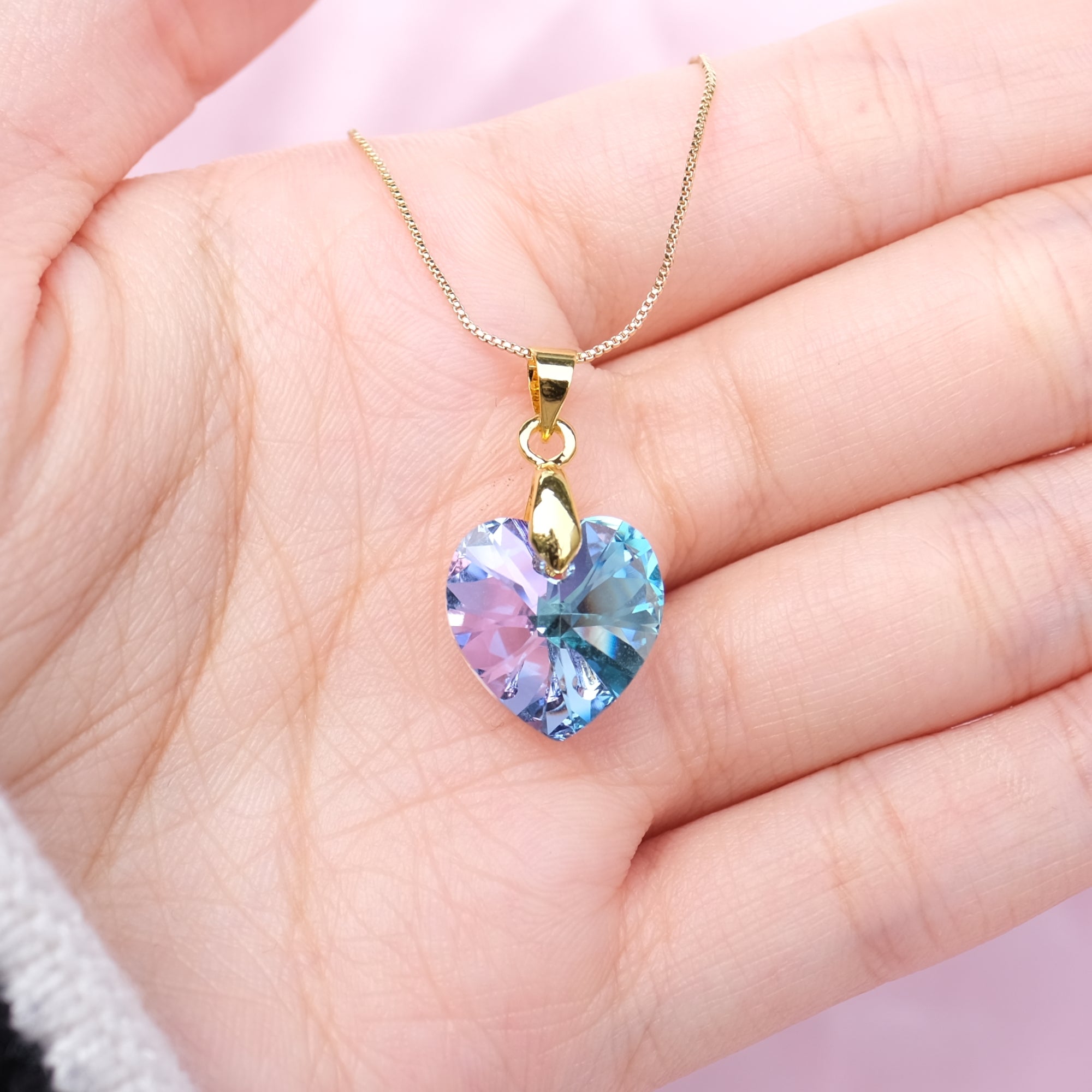 MEDIUM Cotton Candy Prism Crystal Heart Necklace - gold and silver available