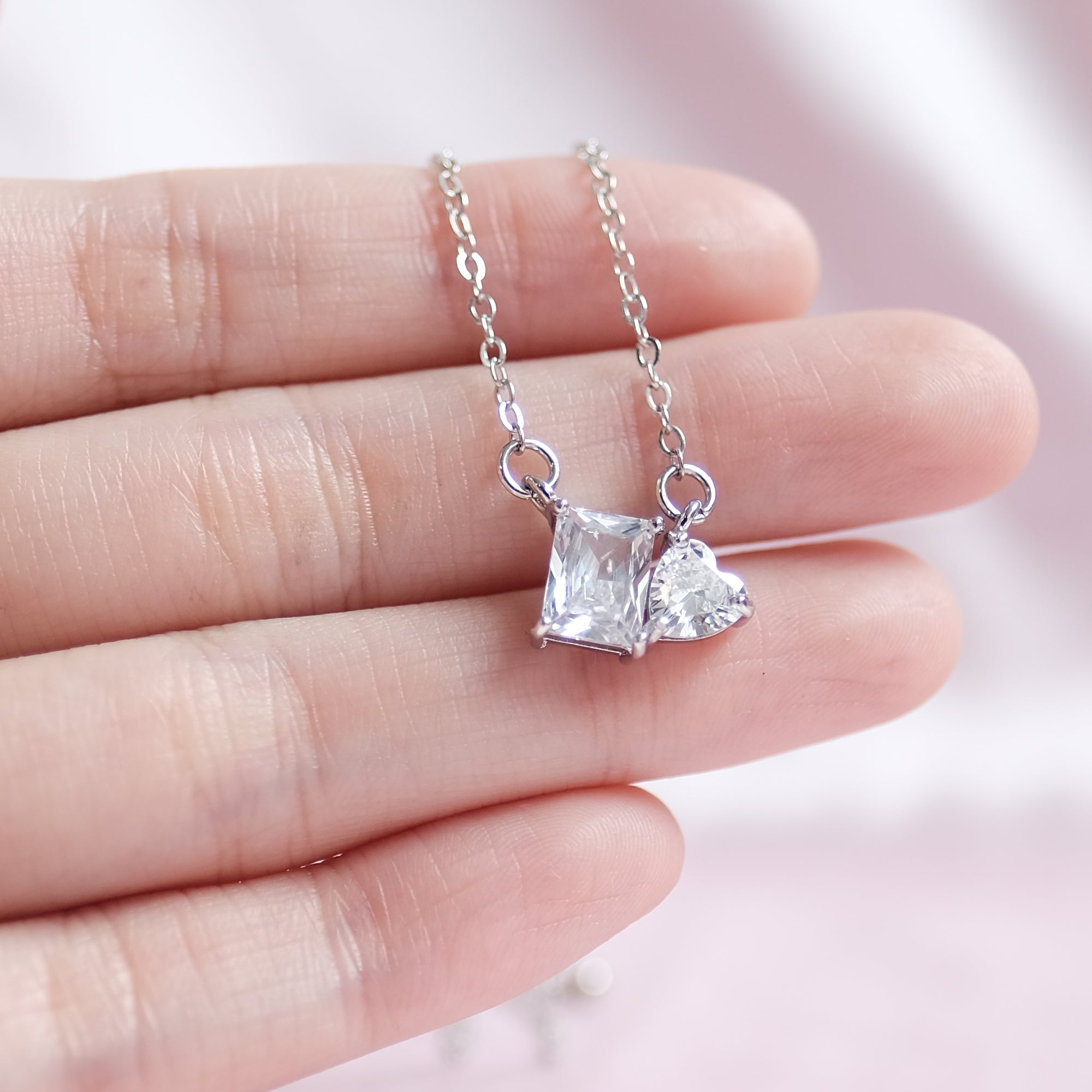 MOKMOK JEWELRY Sparkly Duo Side by Side Stones White Gold Plated Stainless Steel Necklace