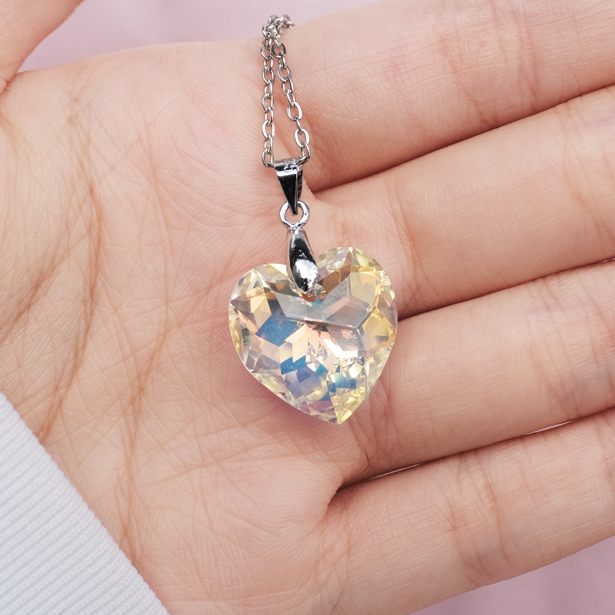 MEDIUM Clear Rainbow Prism Heart Crystal Necklace