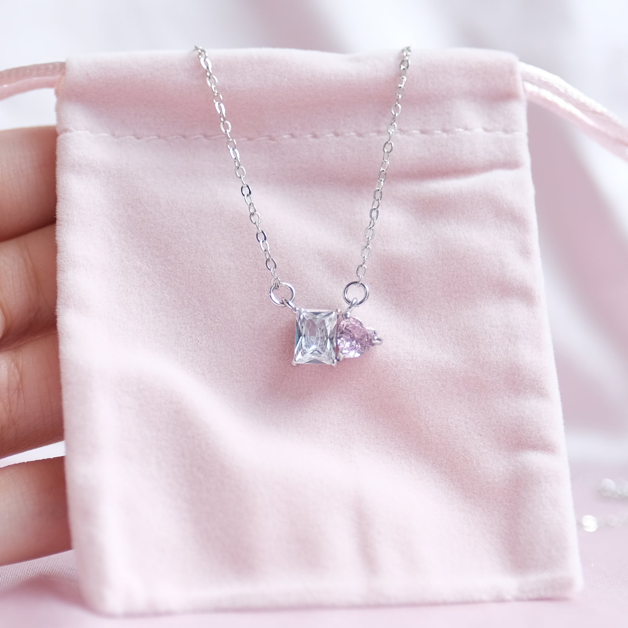 MOKMOK JEWELRY Sparkly Duo Side by Side Stones White Gold Plated Stainless Steel Necklace