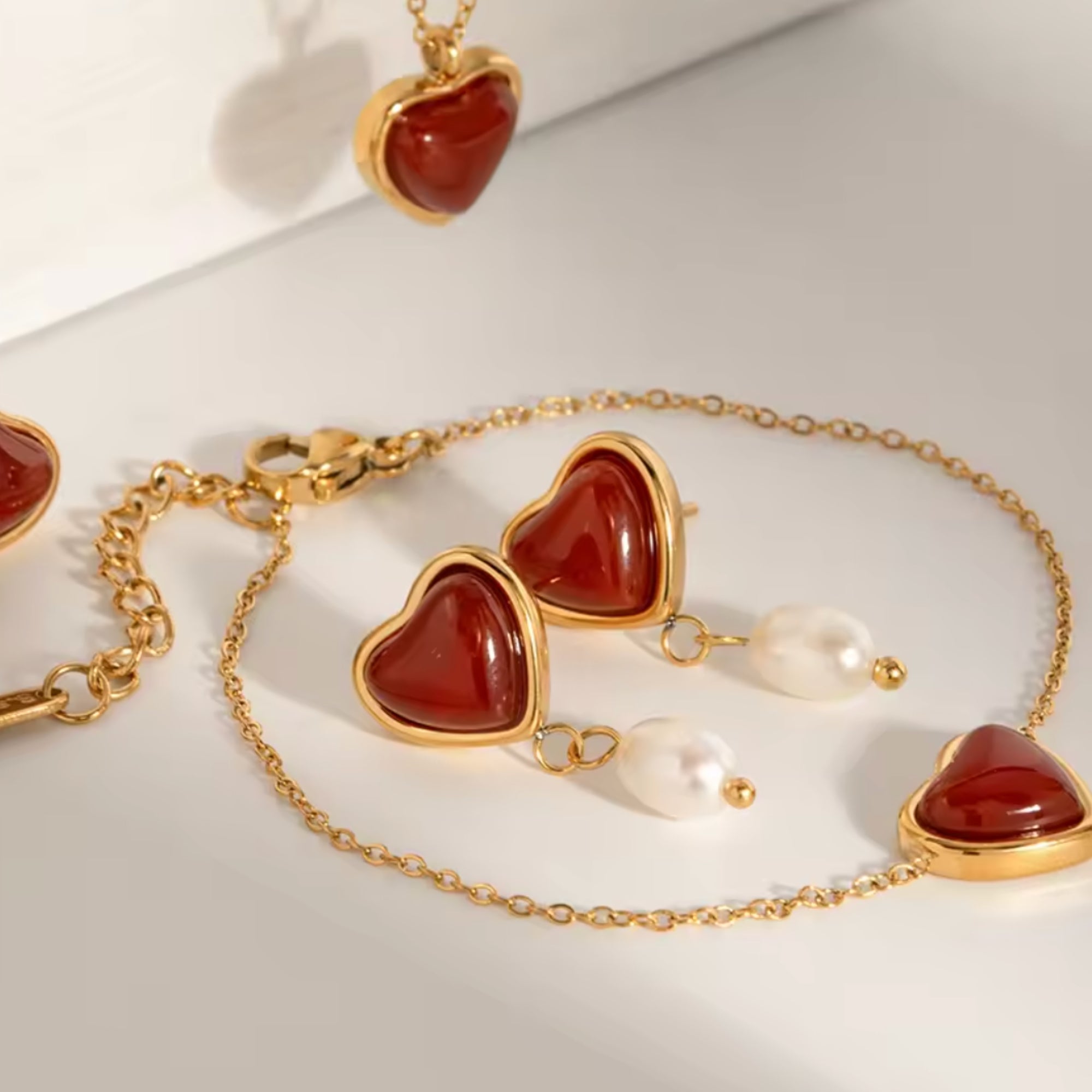 Red Agate Crystal Heart Pearl Earrings