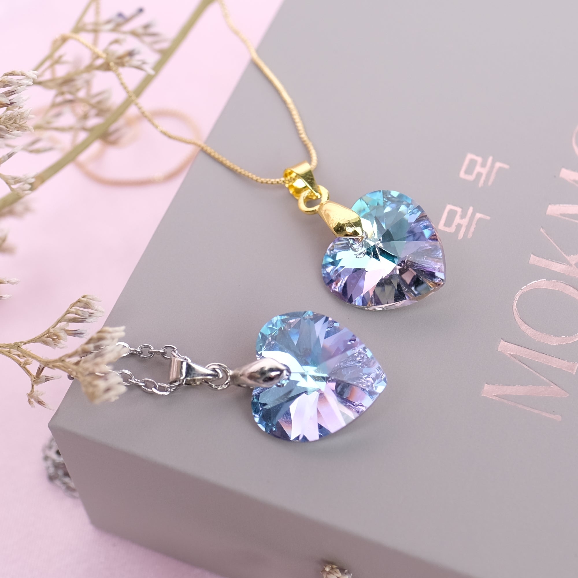 SMALL Cotton Candy Prism Crystal Heart Necklace - gold and silver available