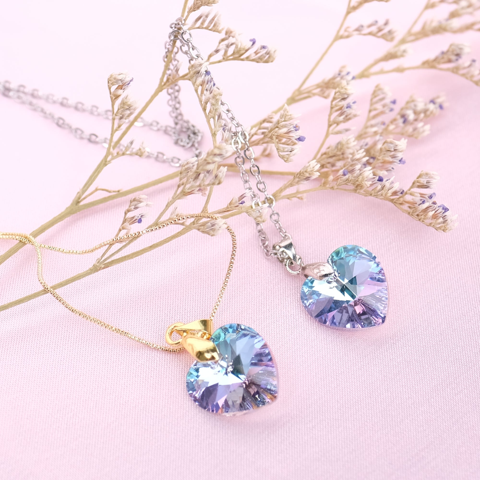 SMALL Cotton Candy Prism Crystal Heart Necklace - gold and silver available