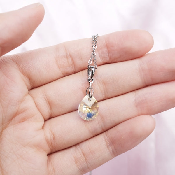 SMALL Teardrop Pear Cut Rainbow Prism Clear Crystal Necklace - Gold/Silver available