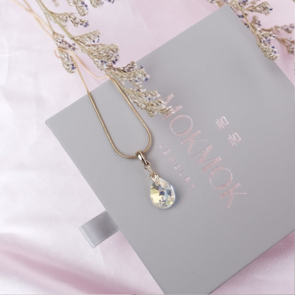 SMALL Teardrop Pear Cut Rainbow Prism Clear Crystal Necklace - Gold/Silver available