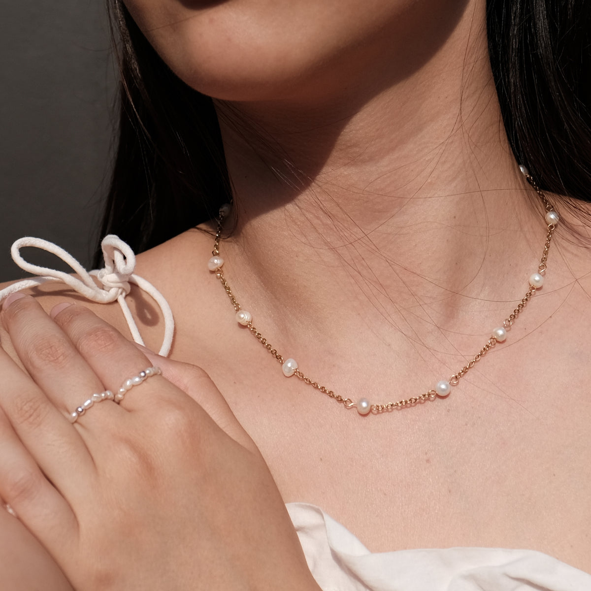 Link Chain Necklace and Baroque Pearl Charm Rose Gold Set - Olivia